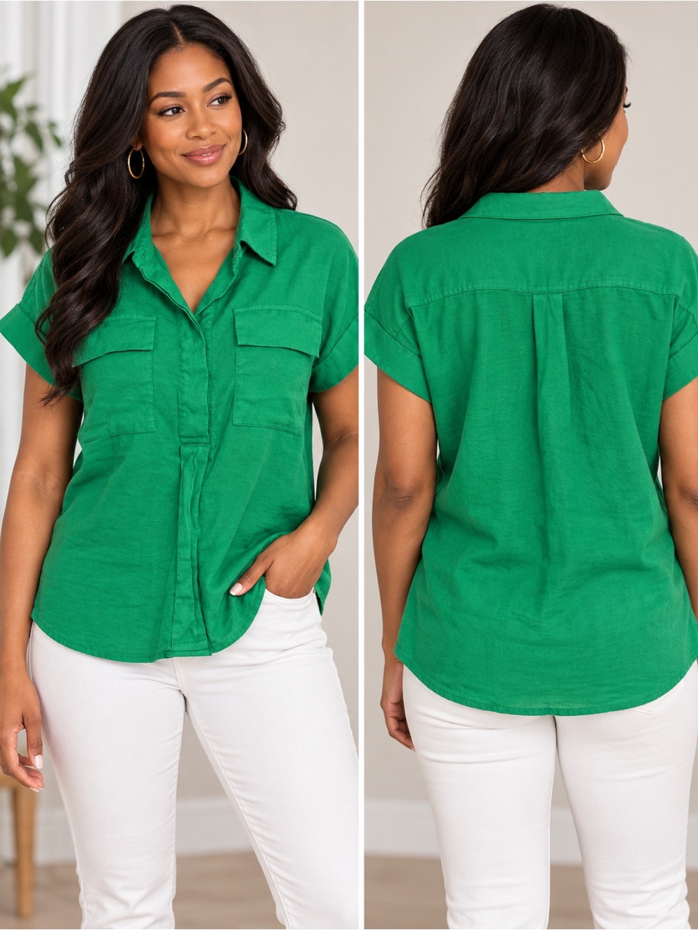 Simply Vera Vera Wang Green Short Sleeve Utility Blouse – Size M